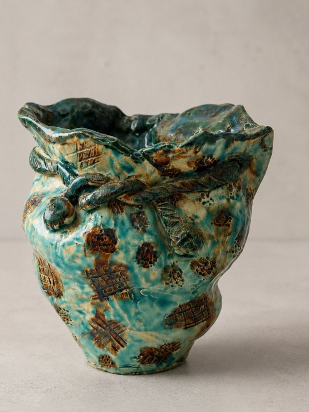 Signed Studio Pottery Vase Teal Drip Glaze Sculptural Art Vessel 5.5in Retro MCM
